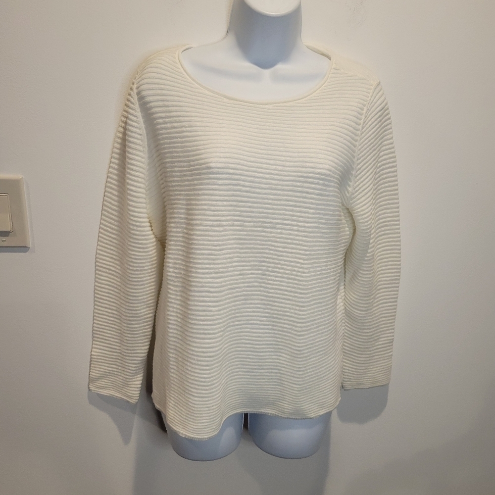 Linen And Cotton Women's Cream Ribbed Knit Long-Sleeve Top